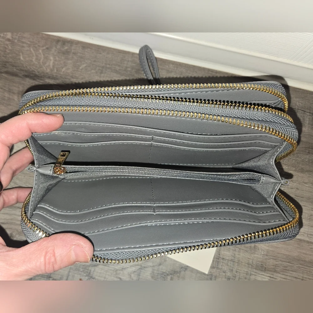 Gray Wrislet Wallet With Strap, 2 Zippered Sections, Card Slots & Coin Storage